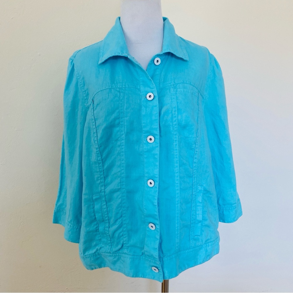 Chico's Sz 2 Medium Blouse Linen Shacket Turquoise Blue Button Shirt Top Summer